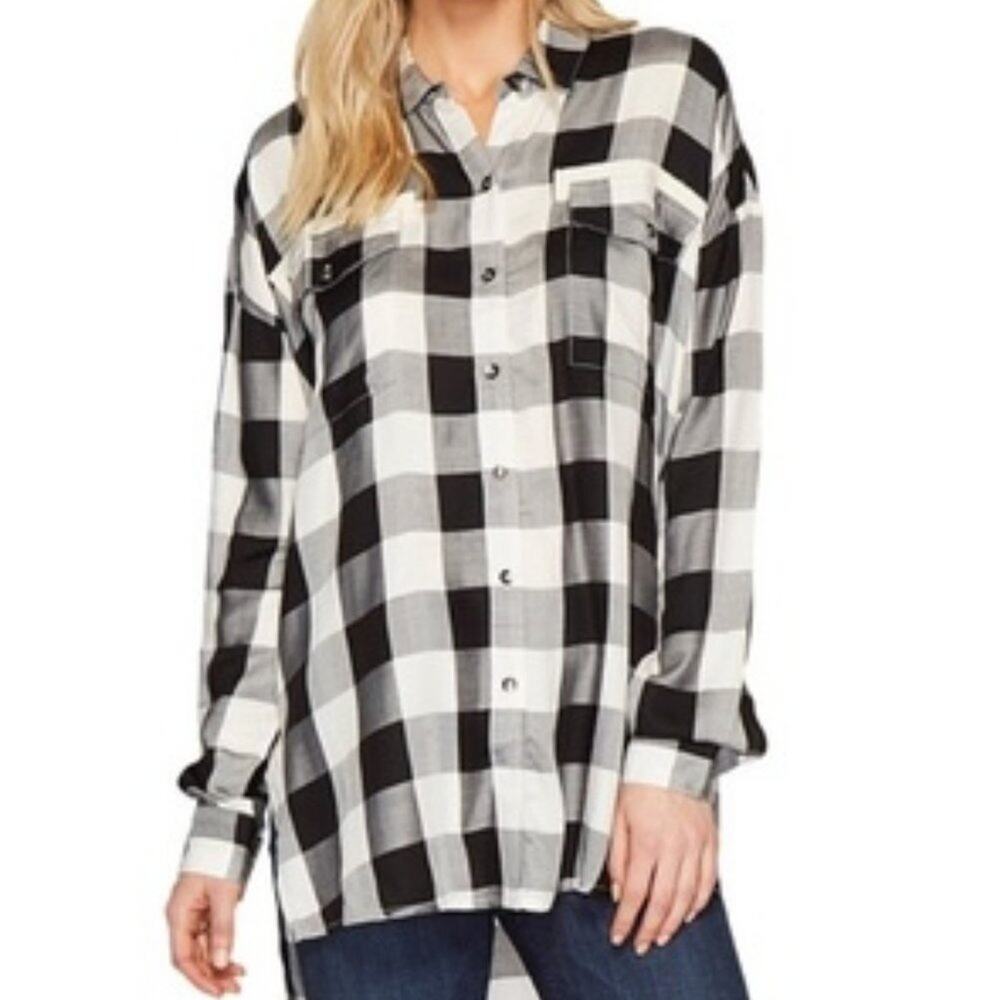 Splendid Buffalo Check Boyfriend Shirt Black Cream Longline Size Small